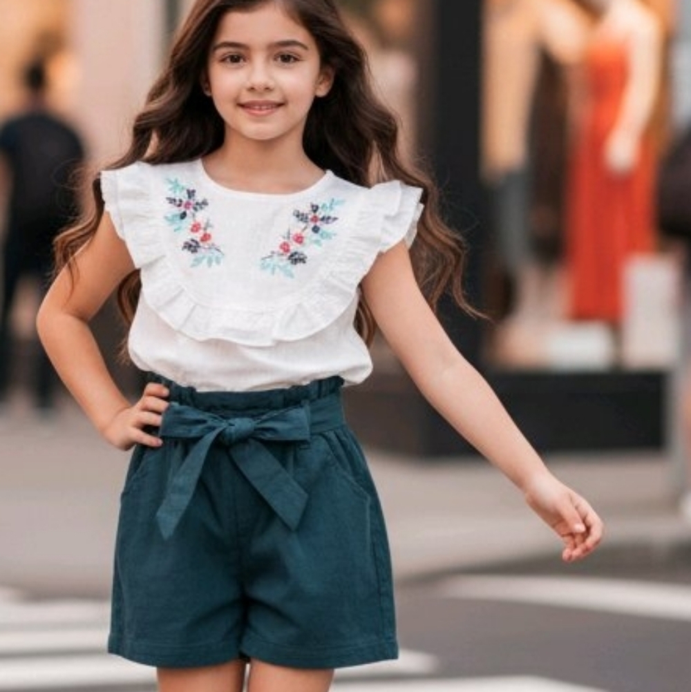 GIRLS SIZE 4 / 5 2pc SHIRT & SHORT Set Size Small Knot Shorts, Matching Set NEW